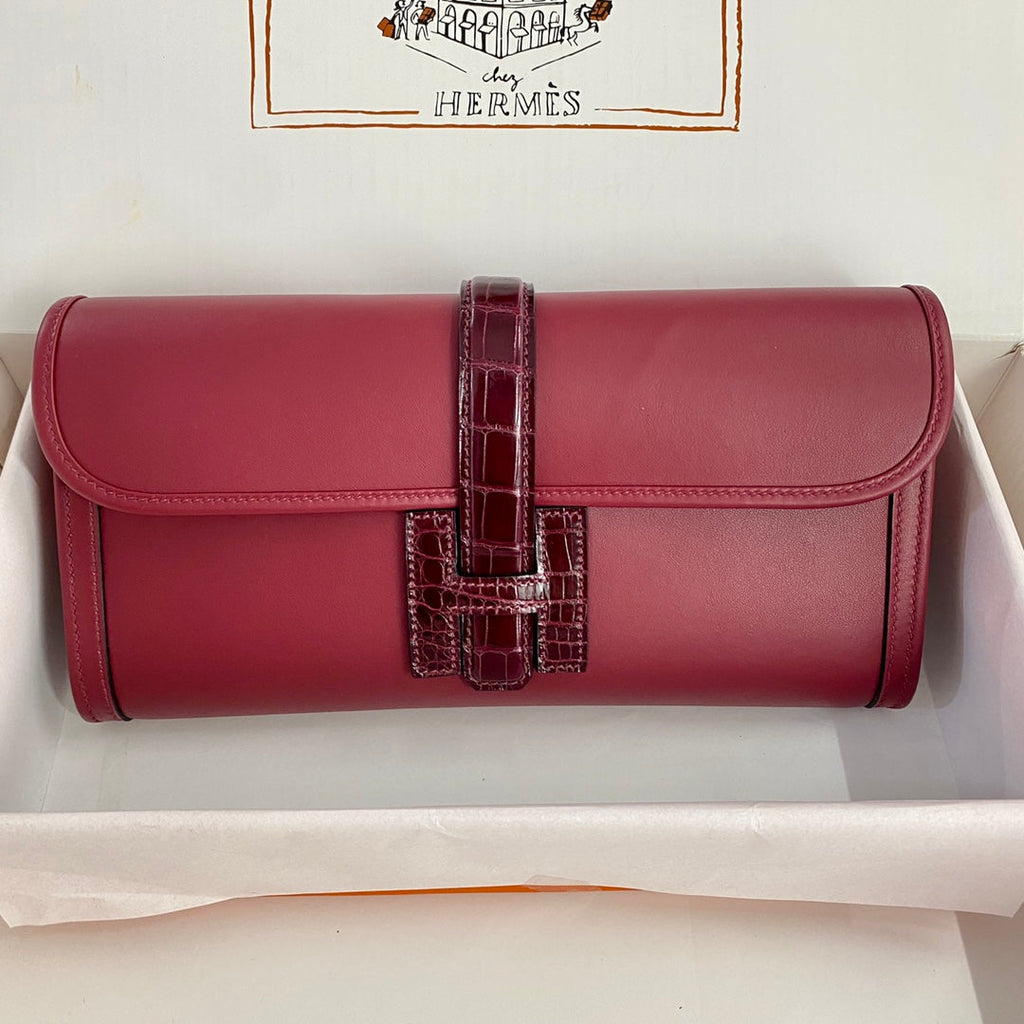 JIGE ELAN 29 CLUTCH IN CHERRY RED CALFSKIN WITH WINE RED LIZARD SKIN