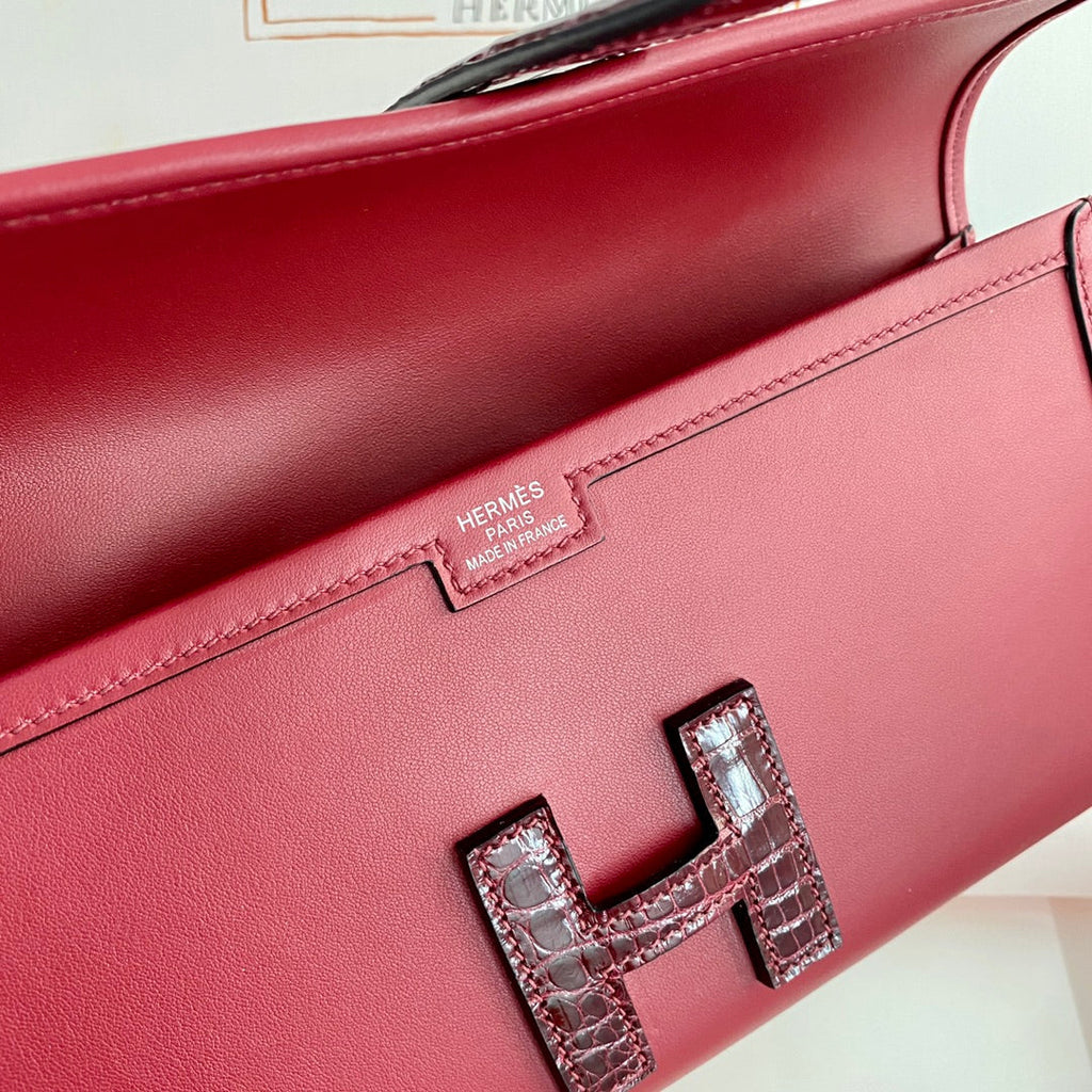 JIGE ELAN 29 CLUTCH IN CHERRY RED CALFSKIN WITH WINE RED LIZARD SKIN