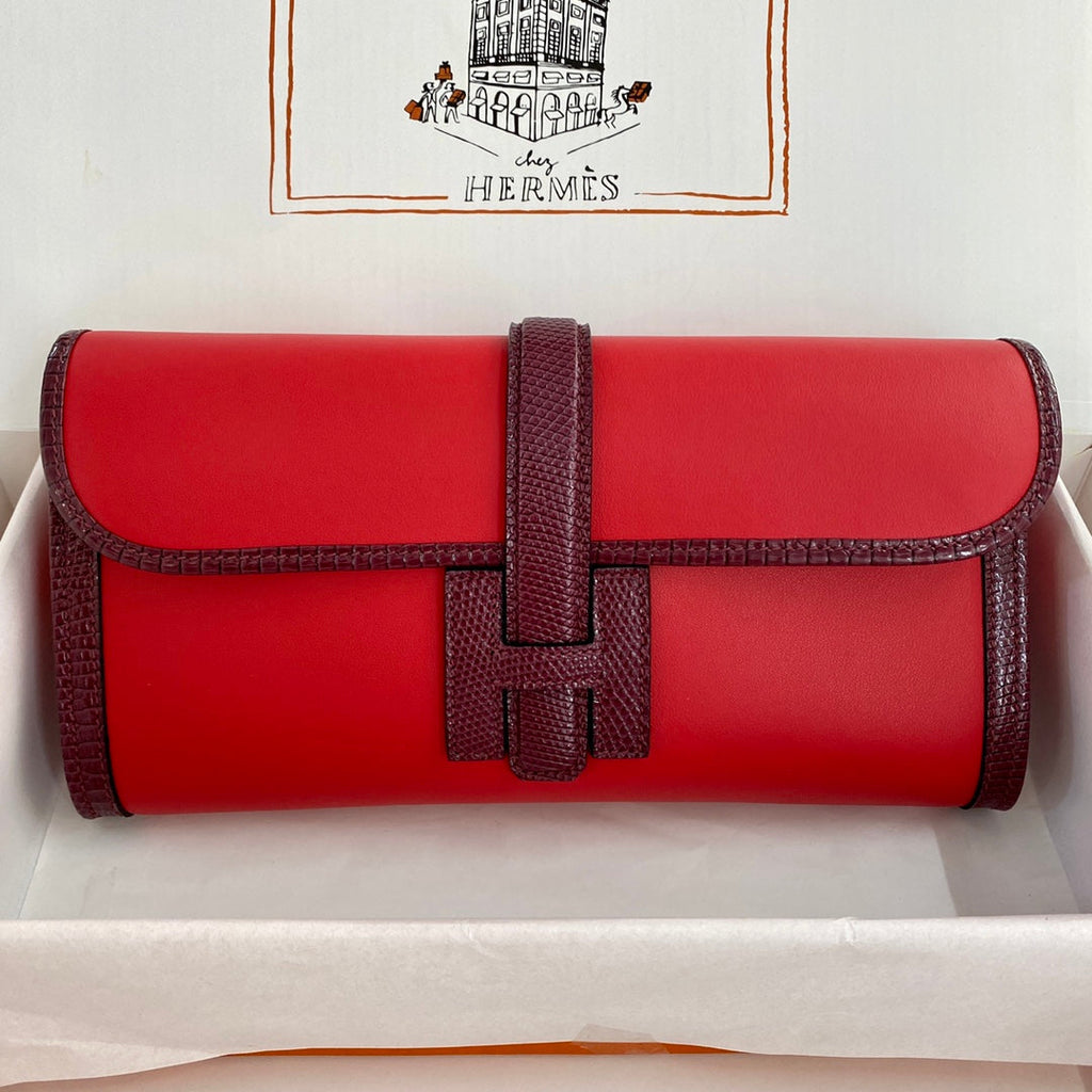 JIGE ELAN 29 CLUTCH IN CANDY RED CALFSKIN WITH WINE RED LIZARD SKIN
