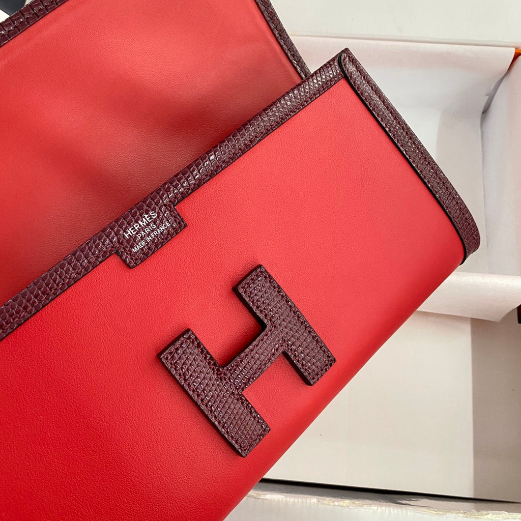 JIGE ELAN 29 CLUTCH IN CANDY RED CALFSKIN WITH WINE RED LIZARD SKIN