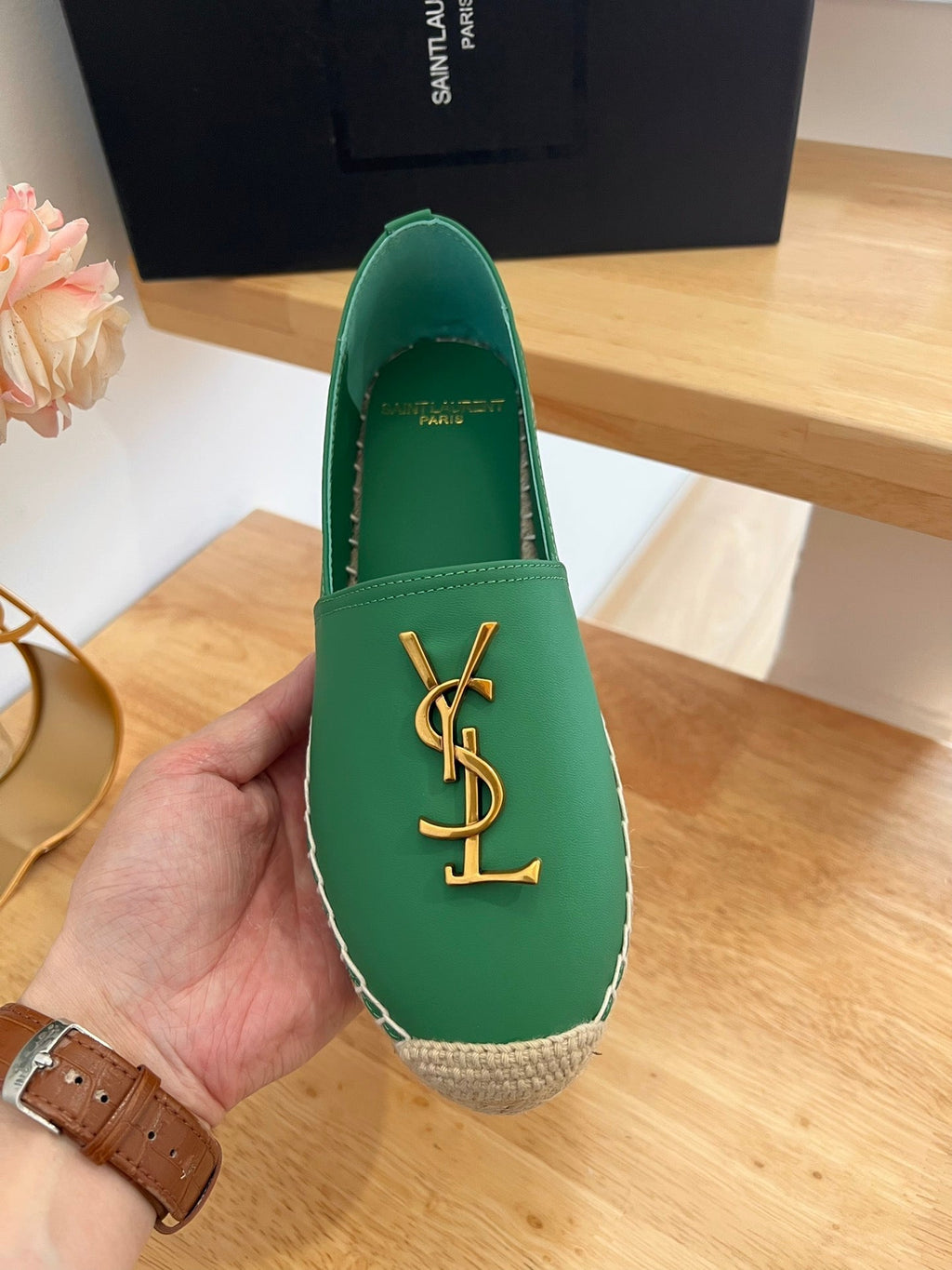 SL YVES LOGO SLIP ON DARK GREEN CALFSKIN