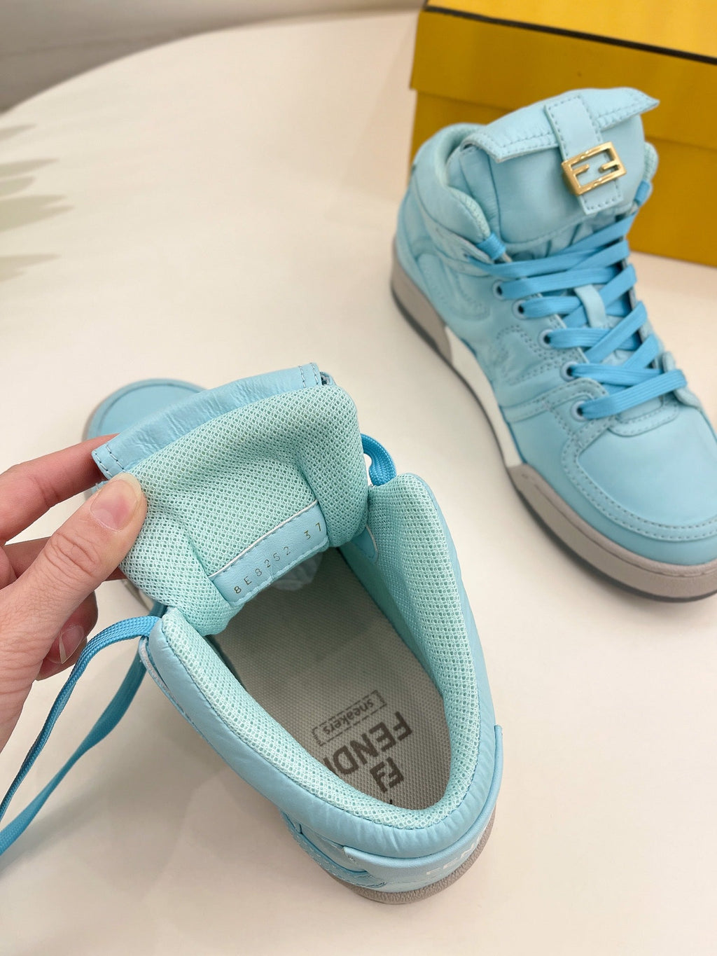 FENDI LOGO SOCK SNEAKER BOOTS IN SKY BLUE LAMBSKIN