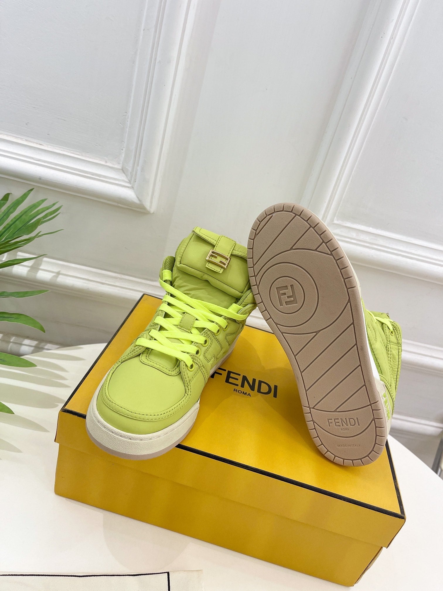 FENDI LOGO SOCK SNEAKER BOOTS IN YELLOWISH GREEN LAMBSKIN