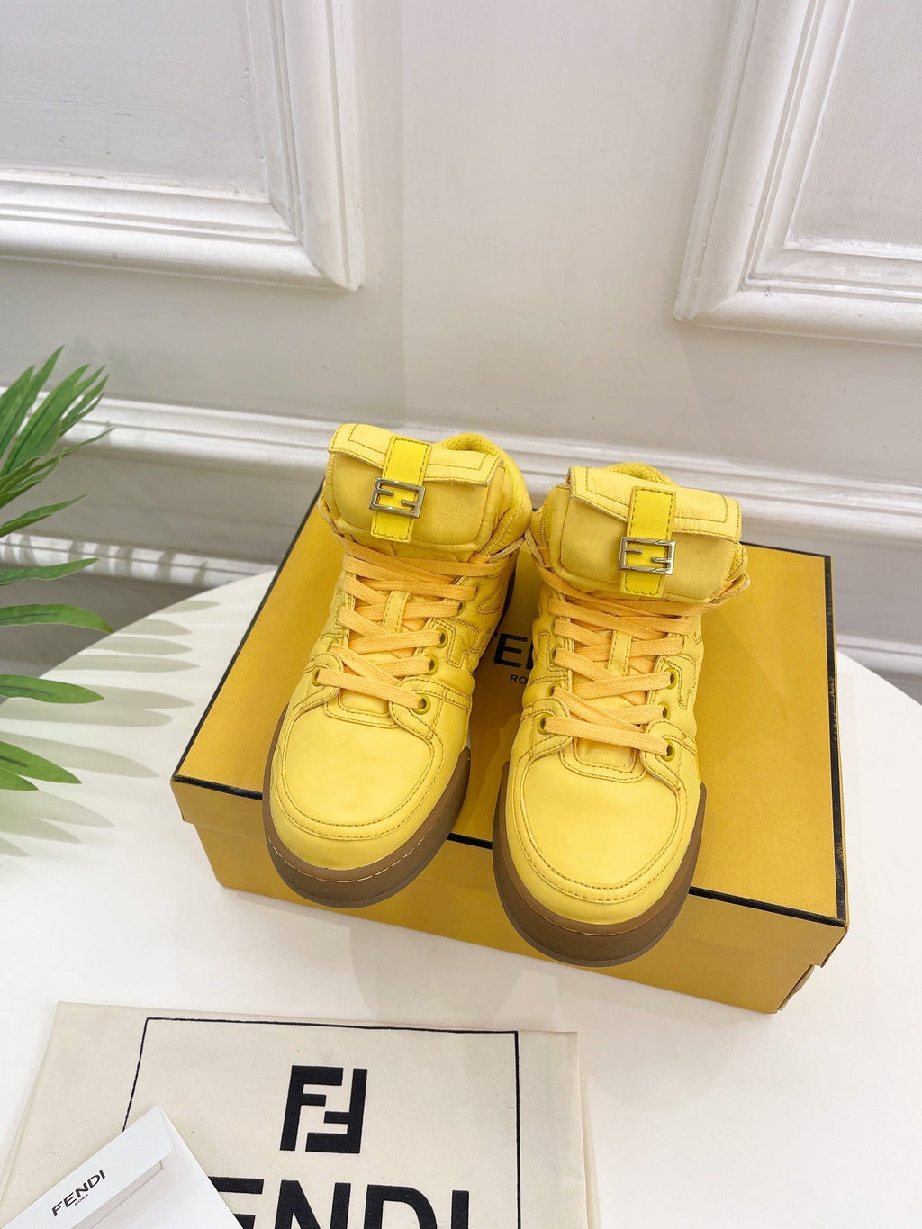 FENDI LOGO SOCK SNEAKER BOOTS IN CORN YELLOW LAMBSKIN