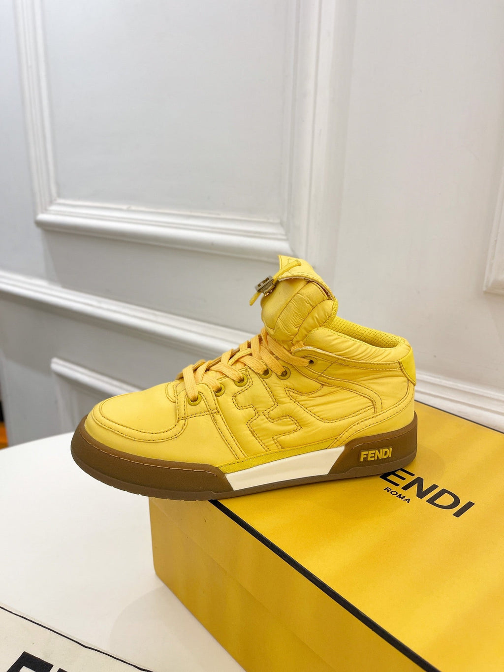 FENDI LOGO SOCK SNEAKER BOOTS IN CORN YELLOW LAMBSKIN