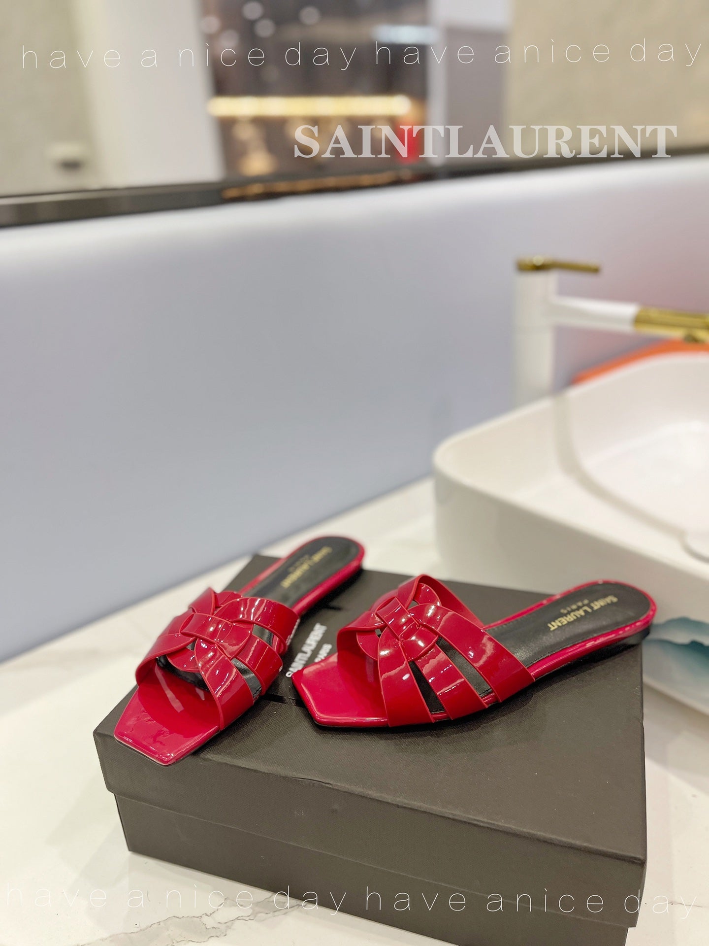 SL TRIBUTE SLIPPERS GLOSSY RED CALFSKIN