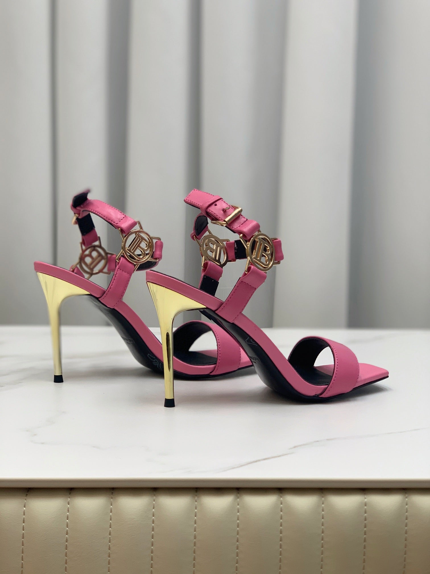 BALMAIN 25S HIGH HEELS WITH B METAL DETAIL 95MM IN PINK CALFSKIN
