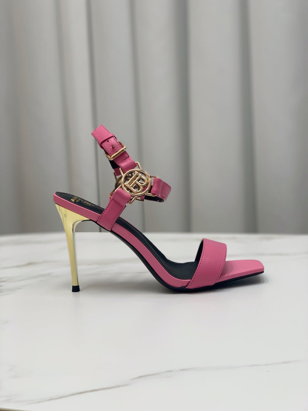 BALMAIN 25S HIGH HEELS WITH B METAL DETAIL 95MM IN PINK CALFSKIN