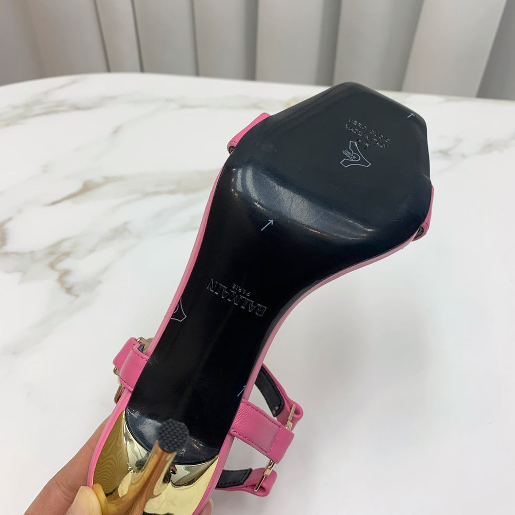 BALMAIN 25S HIGH HEELS WITH B METAL DETAIL 95MM IN PINK CALFSKIN