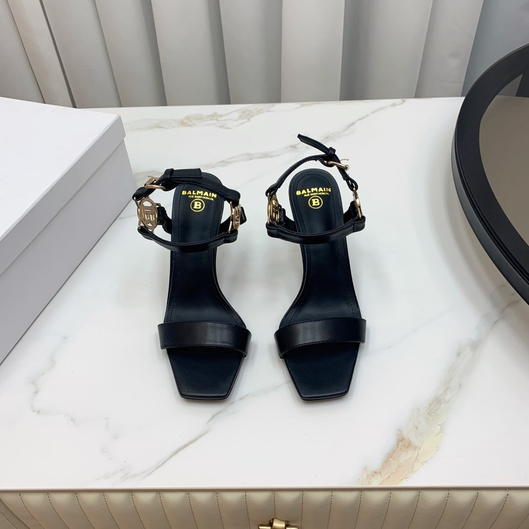 BALMAIN 25S HIGH HEELS WITH B METAL DETAIL 95MM IN BLACK CALFSKIN