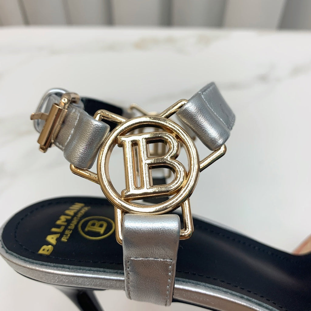 BALMAIN 25S HIGH HEELS WITH B METAL DETAIL 95MM IN SILVER CALFSKIN