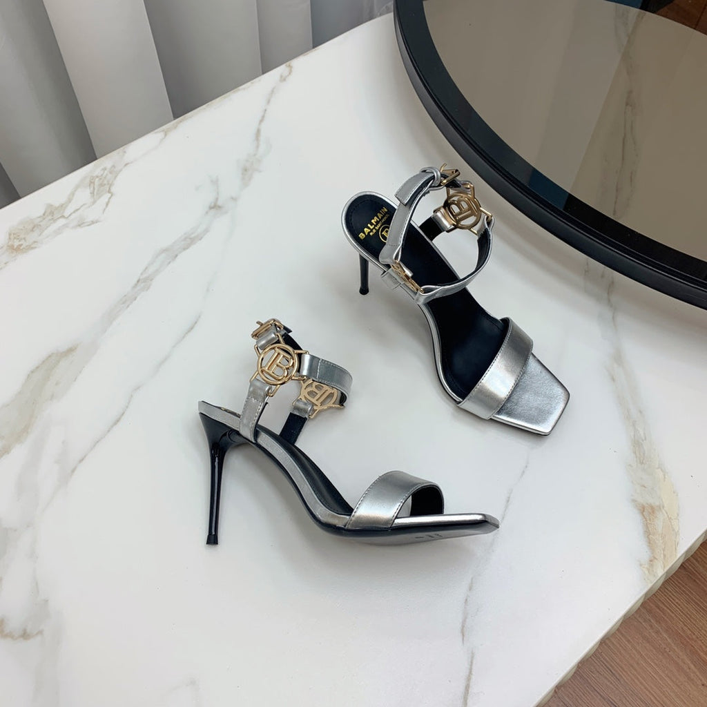 BALMAIN 25S HIGH HEELS WITH B METAL DETAIL 95MM IN SILVER CALFSKIN