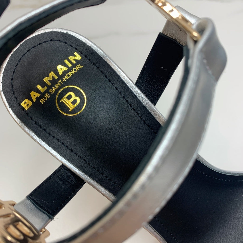 BALMAIN 25S HIGH HEELS WITH B METAL DETAIL 95MM IN SILVER CALFSKIN