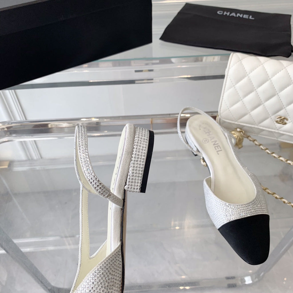 Double CC Rhinestone Slingback Sheepskin White Black