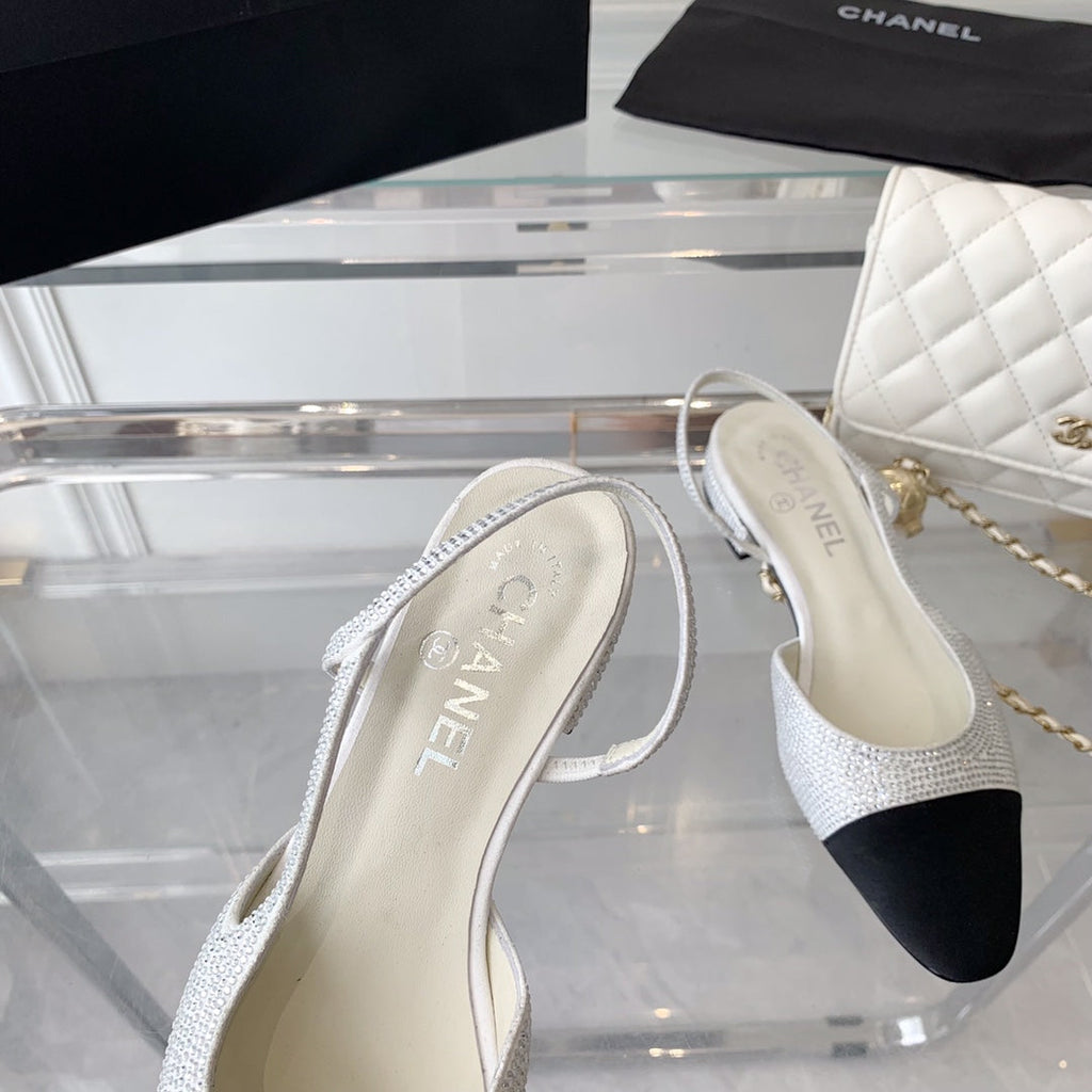 Double CC Rhinestone Slingback Sheepskin White Black