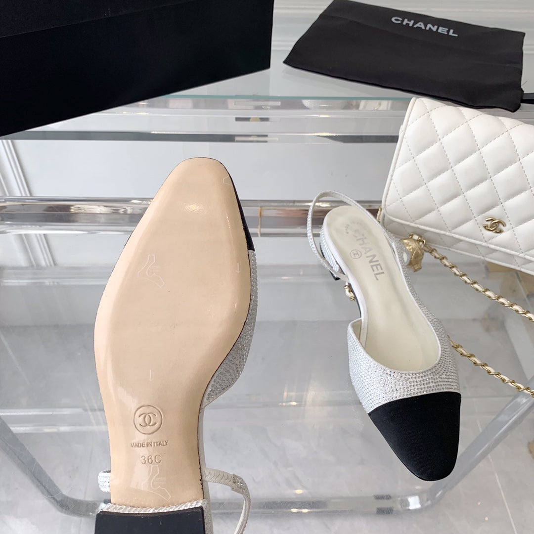 Double CC Rhinestone Slingback Sheepskin White Black