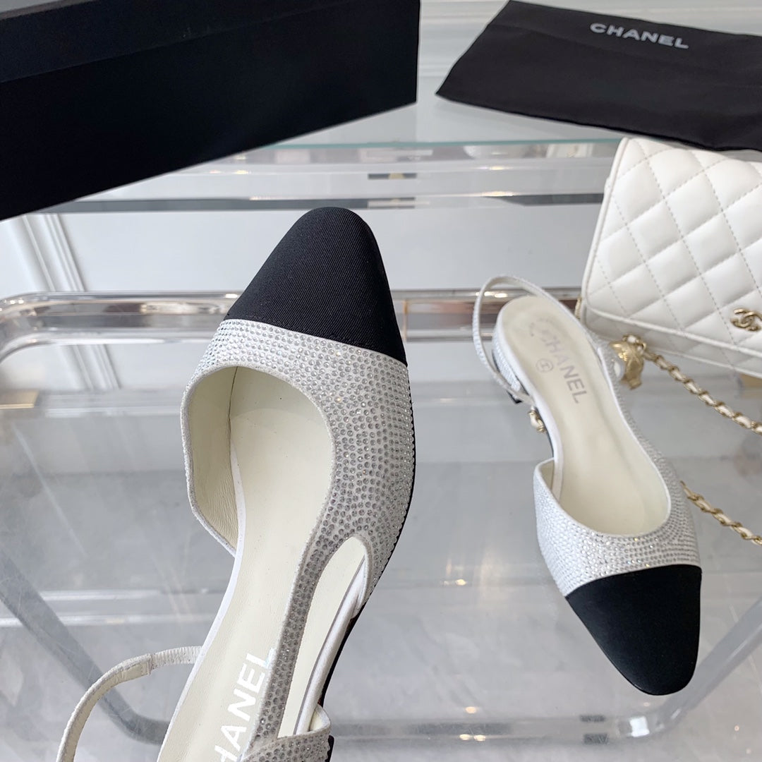 Double CC Rhinestone Slingback Sheepskin White Black