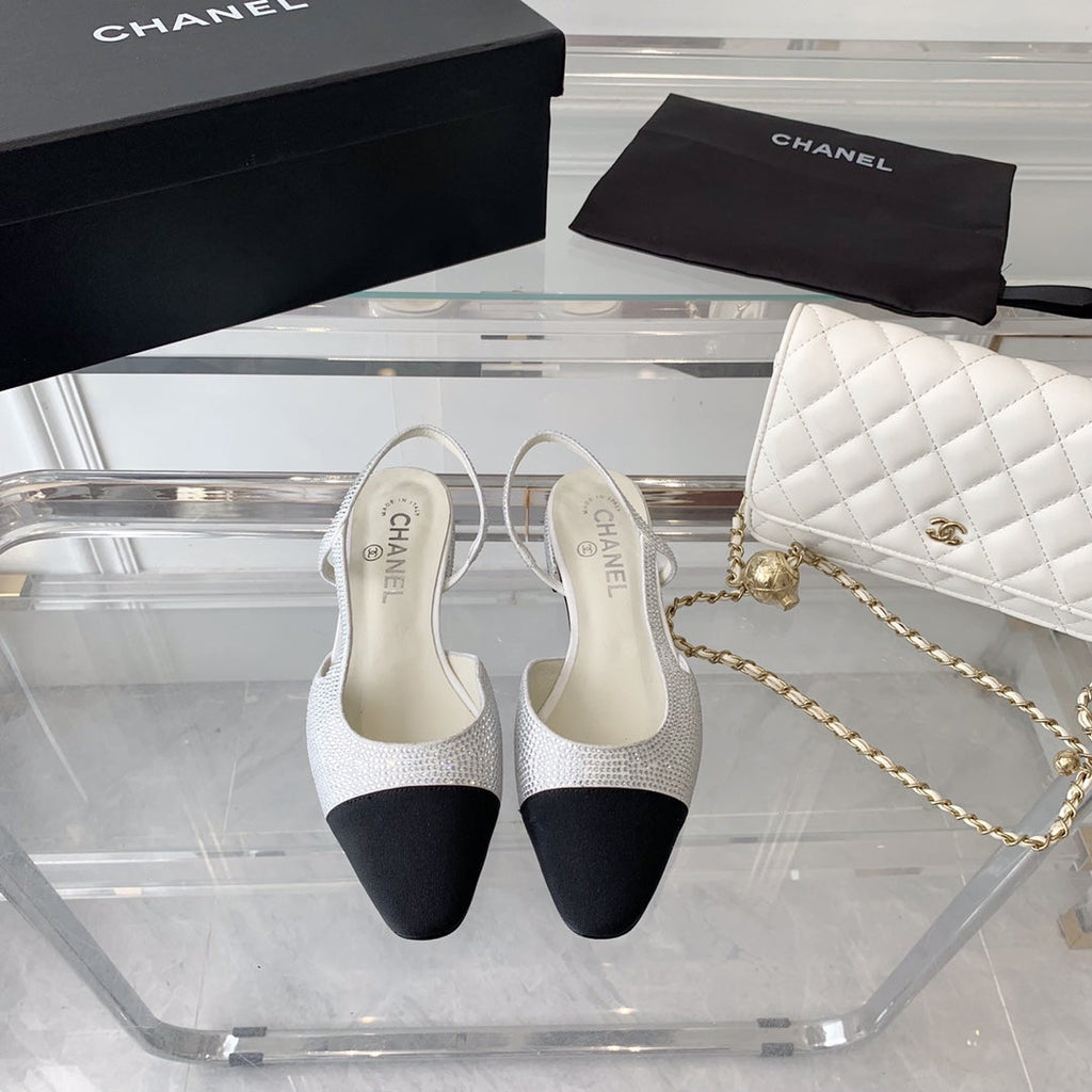 Double CC Rhinestone Slingback Sheepskin White Black