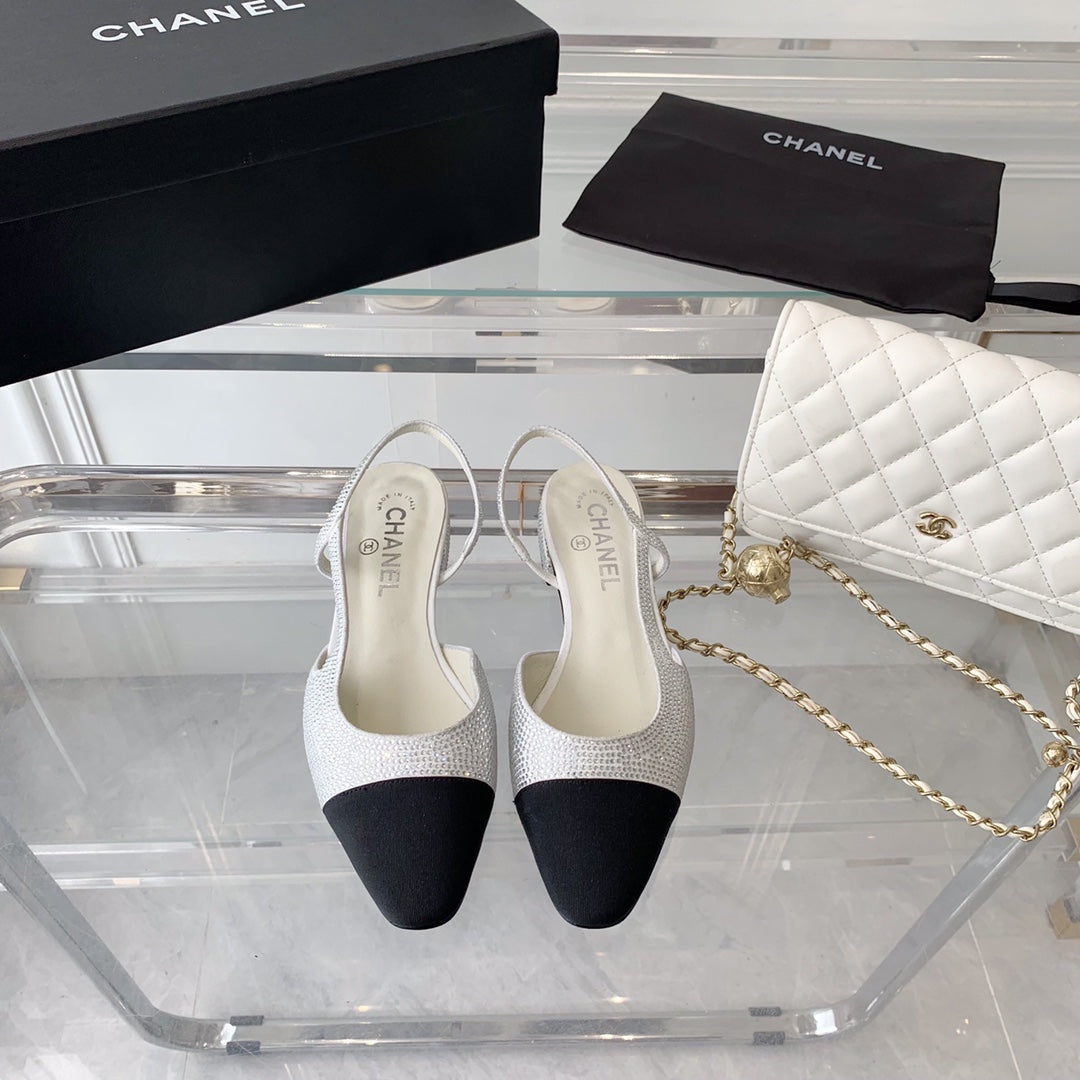 Double CC Rhinestone Slingback Sheepskin White Black