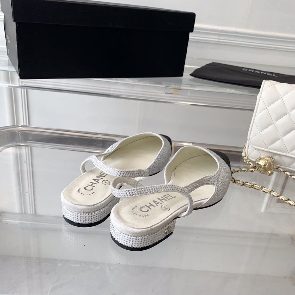 Double CC Rhinestone Slingback Sheepskin White Black