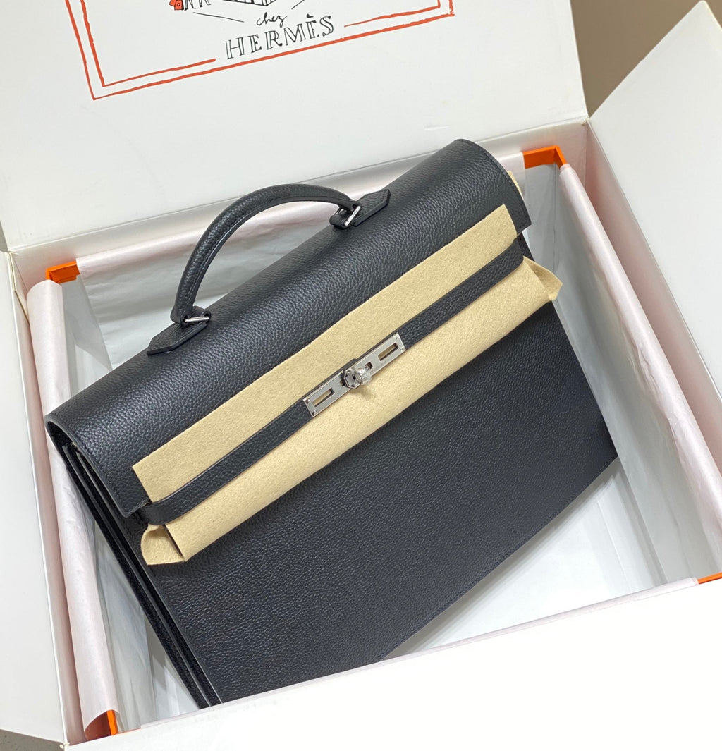 KELLY DEPECHES 38 BRIEFCASE IN BLACK TOGO CALFSKIN SILVER HARDWARE