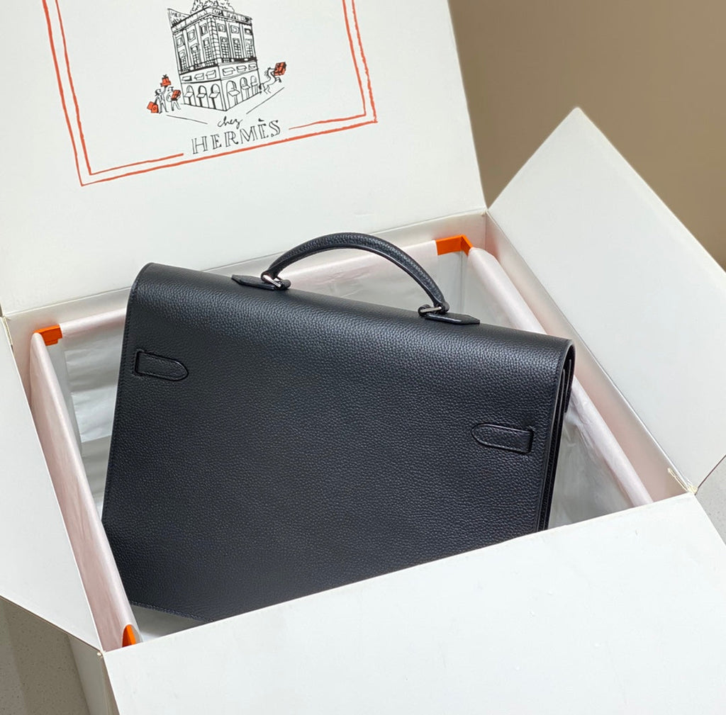 KELLY DEPECHES 38 BRIEFCASE IN BLACK TOGO CALFSKIN SILVER HARDWARE