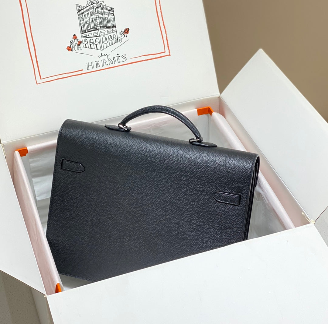 KELLY DEPECHES 38 BRIEFCASE IN BLACK TOGO CALFSKIN SILVER HARDWARE
