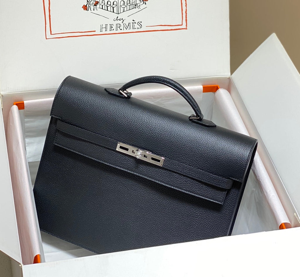 KELLY DEPECHES 38 BRIEFCASE IN BLACK TOGO CALFSKIN SILVER HARDWARE