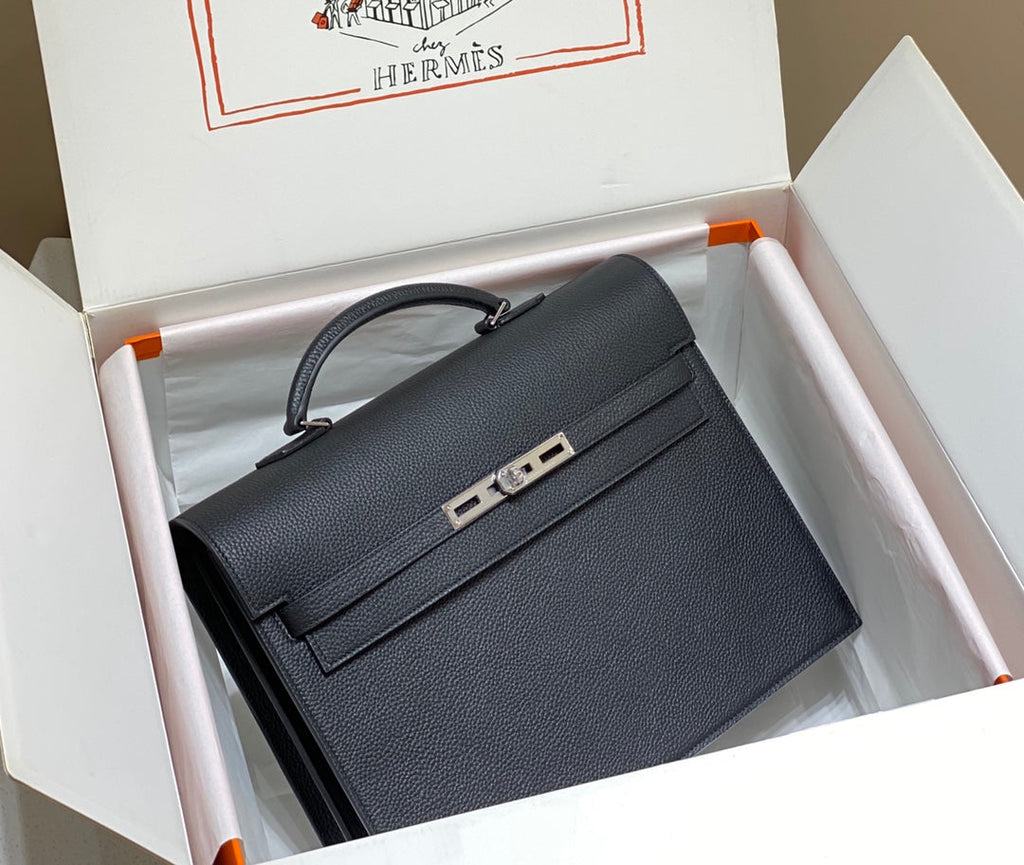 KELLY DEPECHES 34 BRIEFCASE IN BLACK TOGO CALFSKIN SILVER HARDWARE