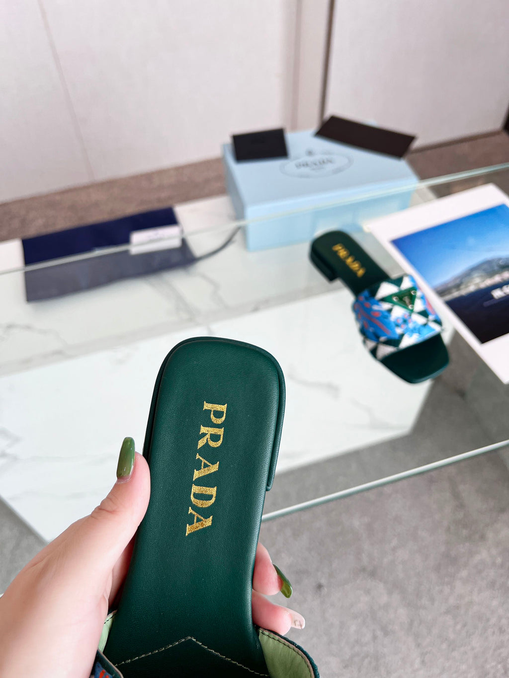 PRA EMBROIDERED SLIDES FLAT CASTLETON GREEN FABRIC