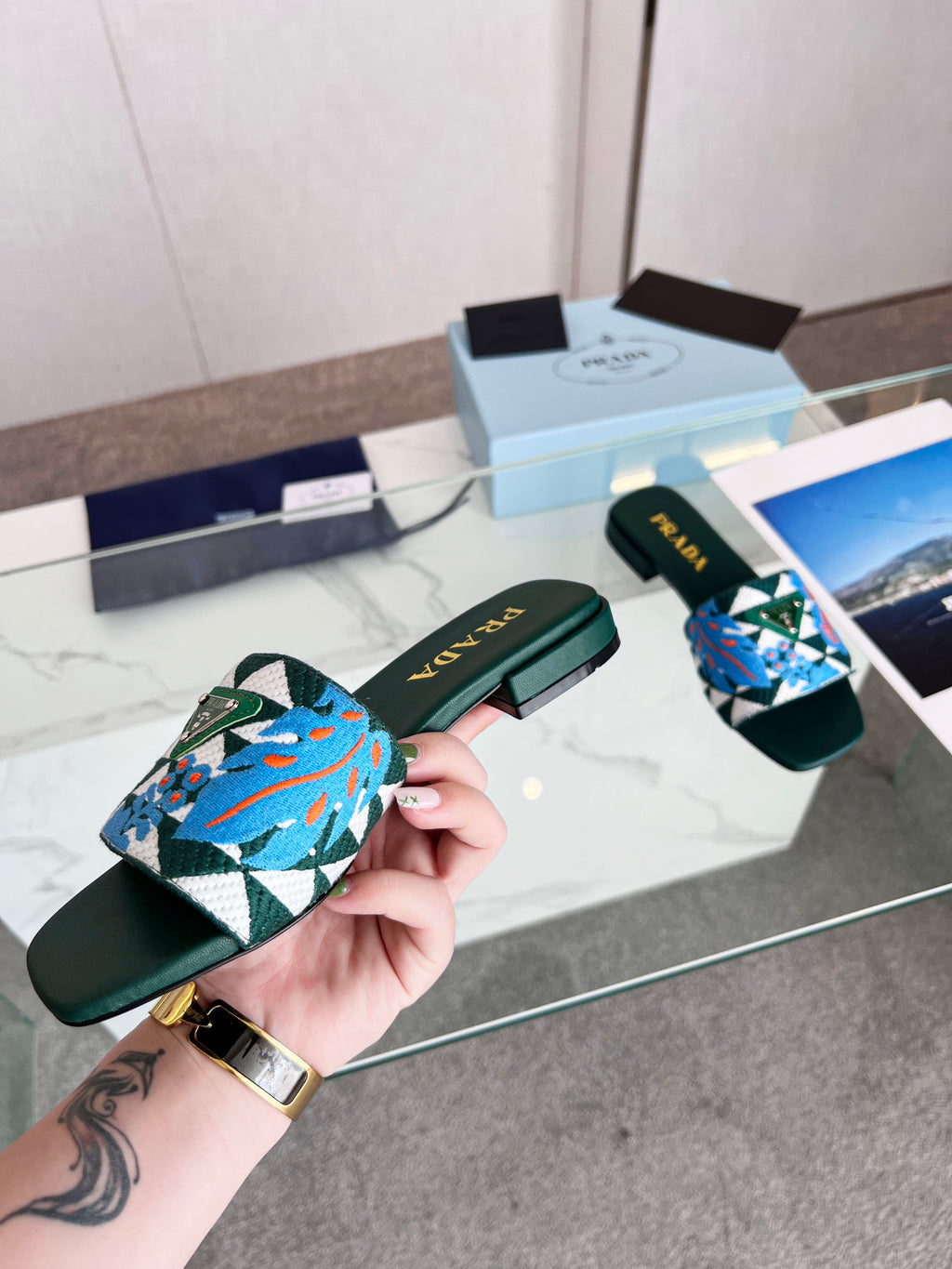 PRA EMBROIDERED SLIDES FLAT CASTLETON GREEN FABRIC