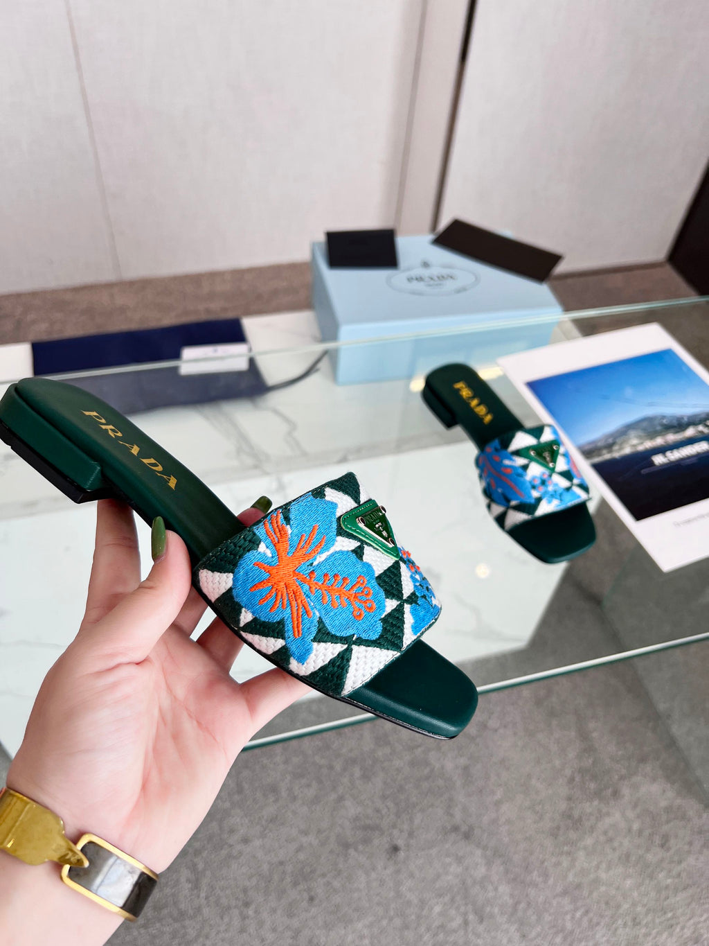 PRA EMBROIDERED SLIDES FLAT CASTLETON GREEN FABRIC