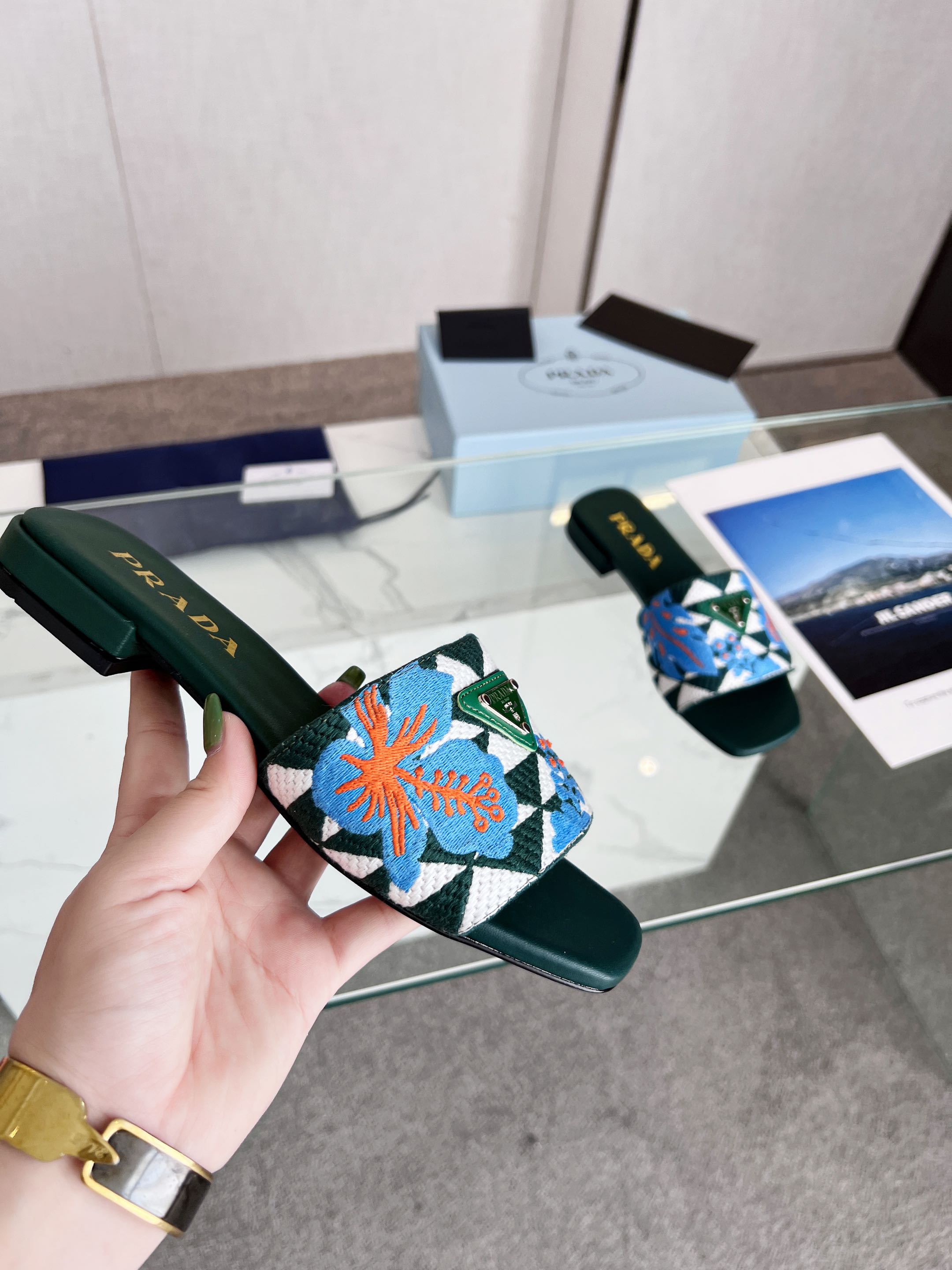 PRA EMBROIDERED SLIDES FLAT CASTLETON GREEN FABRIC