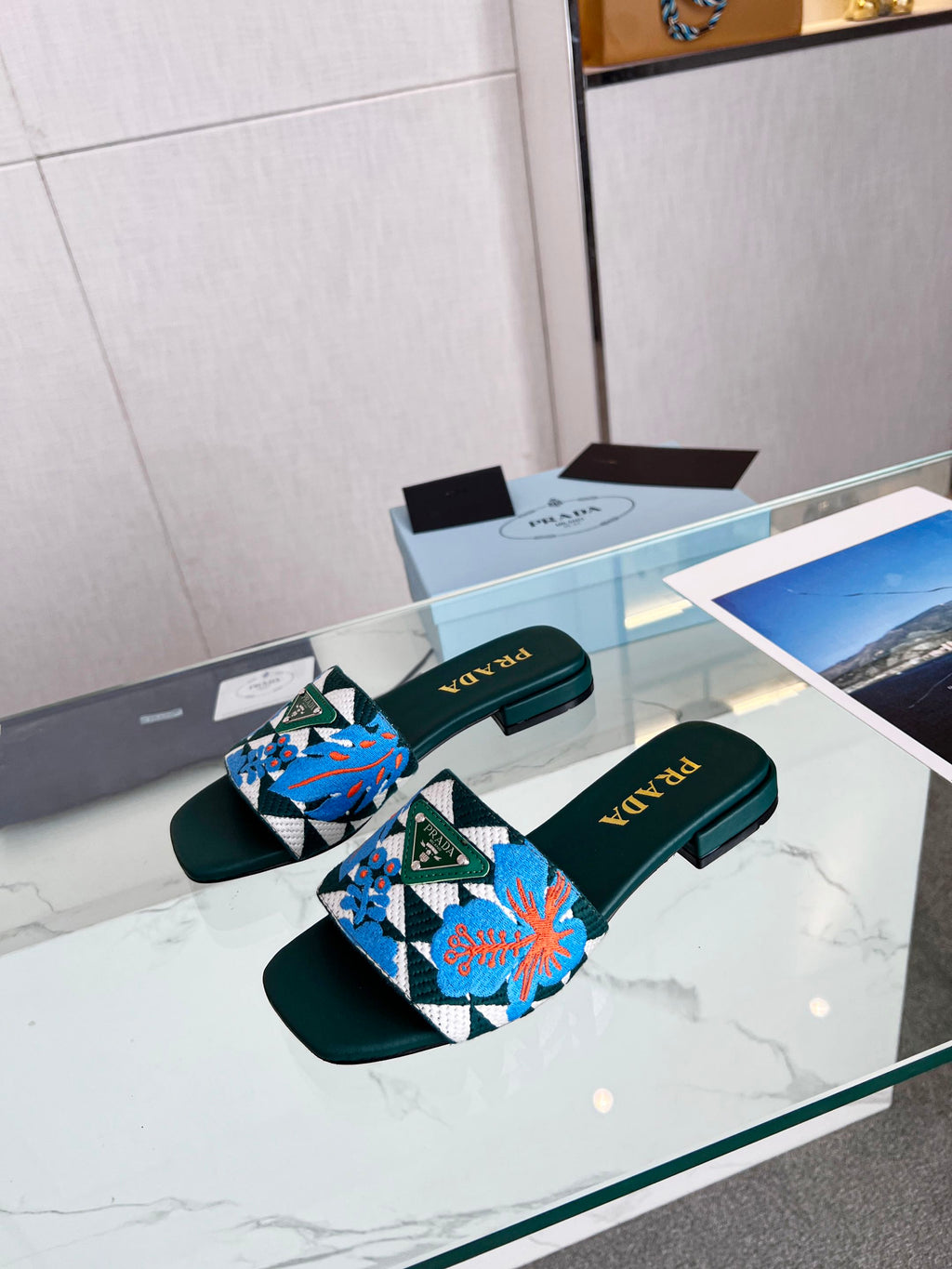 PRA EMBROIDERED SLIDES FLAT CASTLETON GREEN FABRIC