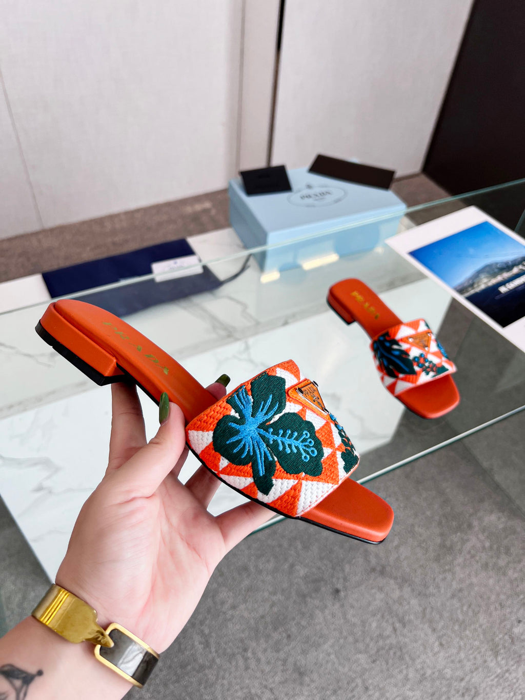 PRA EMBROIDERED SLIDES FLAT ORANGE FABRIC