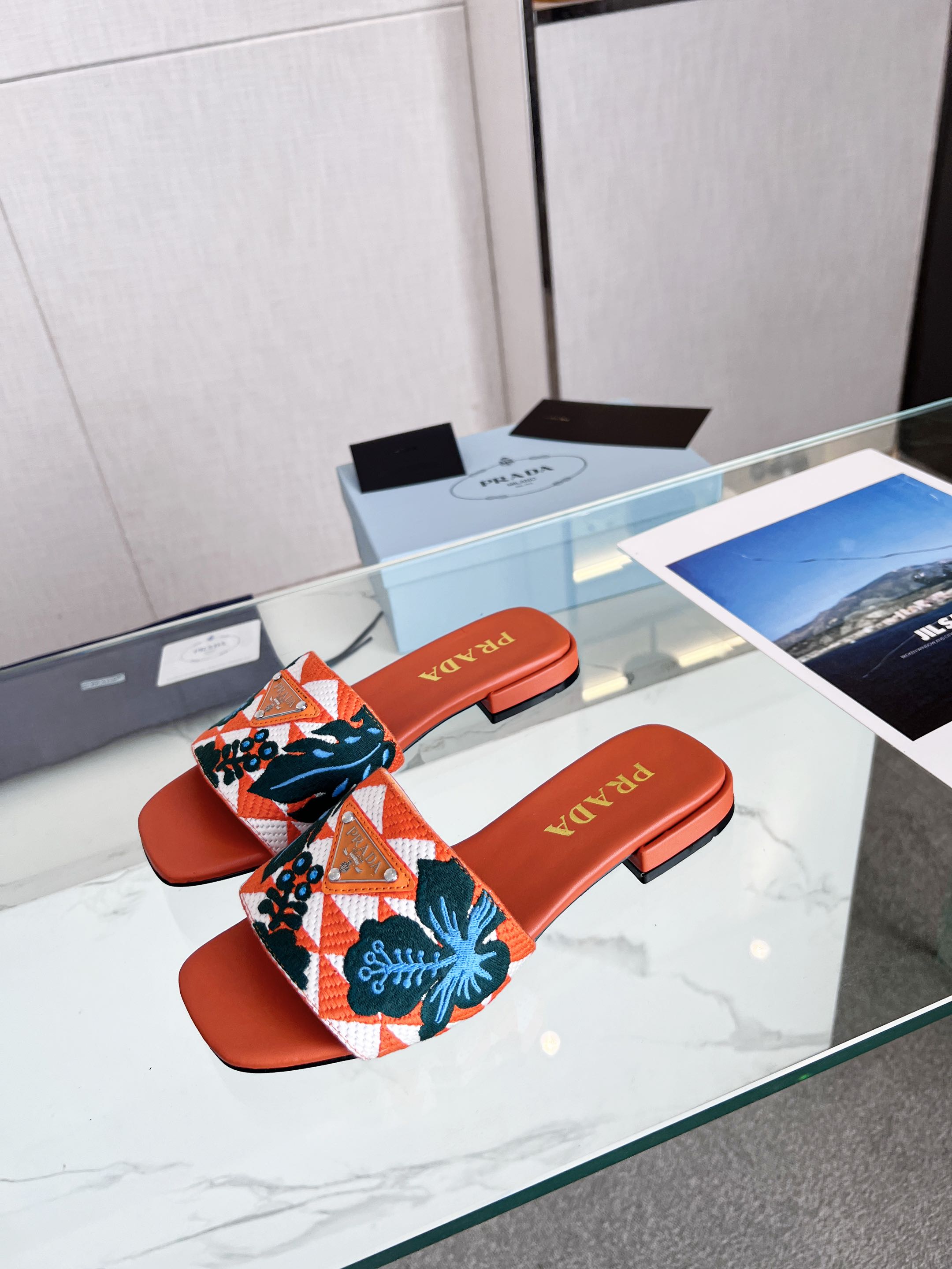 PRA EMBROIDERED SLIDES FLAT ORANGE FABRIC