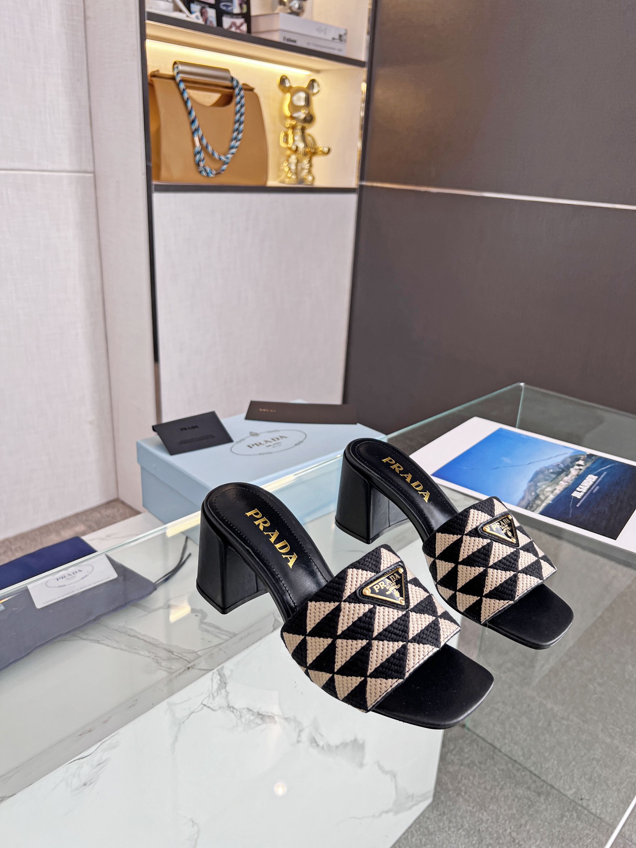 PRA EMBROIDERED SLIDES 65 BLACK AND BEIGE FABRIC