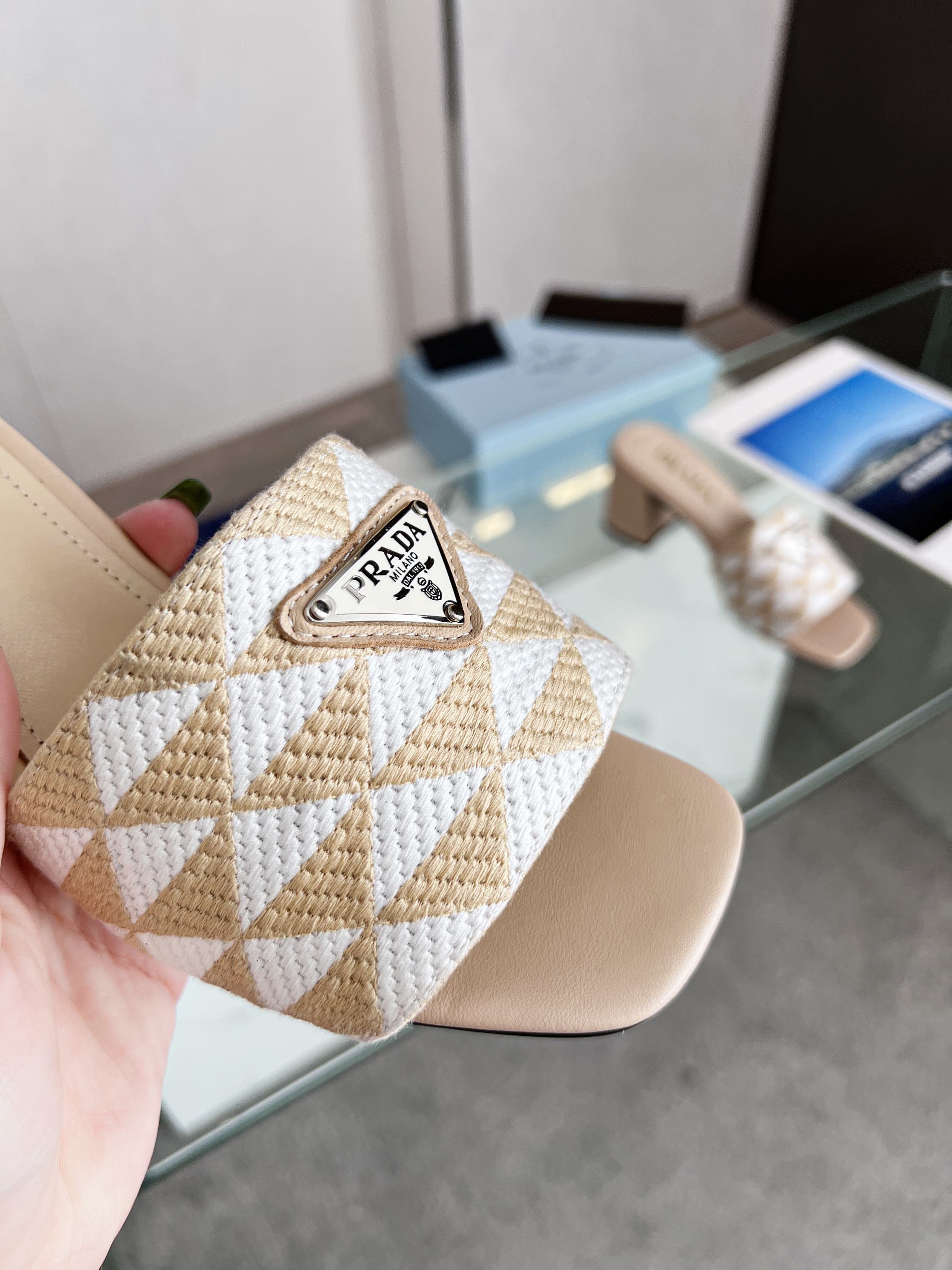 PRA EMBROIDERED SLIDES 65 BEIGE FABRIC