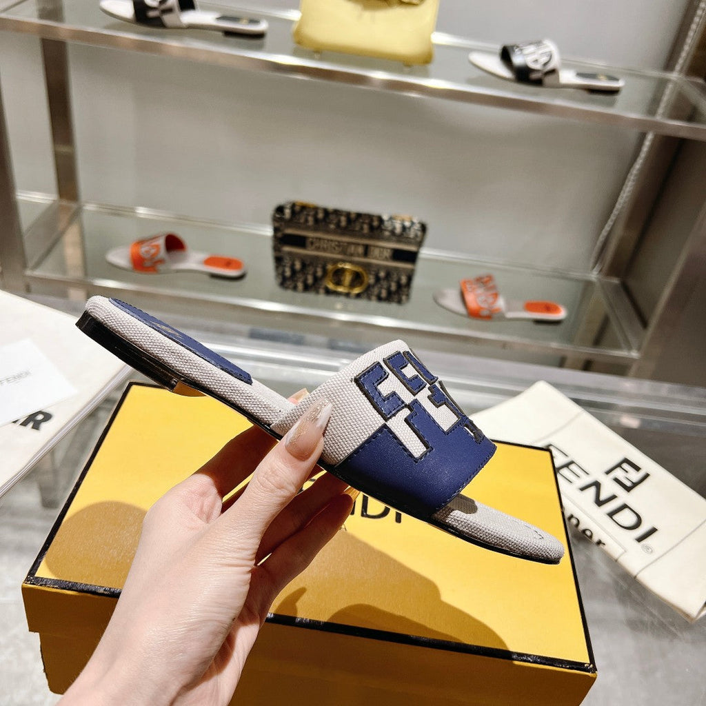 FF Women Roma Signature Blue Grey Canvas Leather Slide