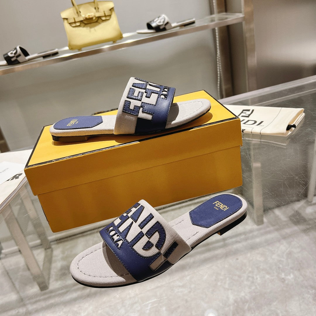 FF Women Roma Signature Blue Grey Canvas Leather Slide