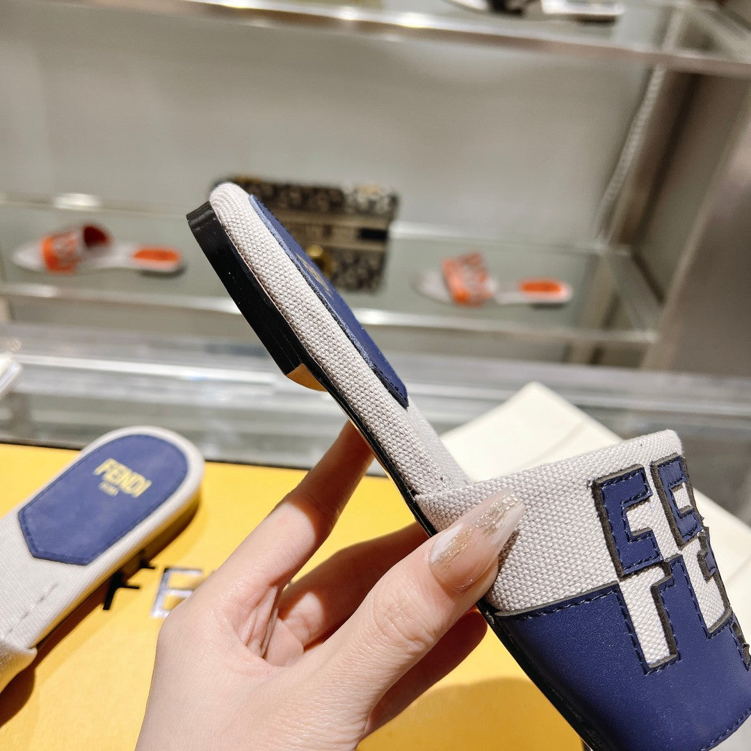 FF Women Roma Signature Blue Grey Canvas Leather Slide