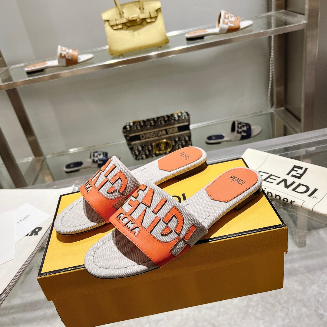 FF Women Roma Signature Orange Grey Canvas Leather Slide