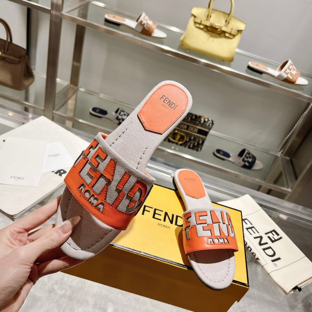 FF Women Roma Signature Orange Grey Canvas Leather Slide