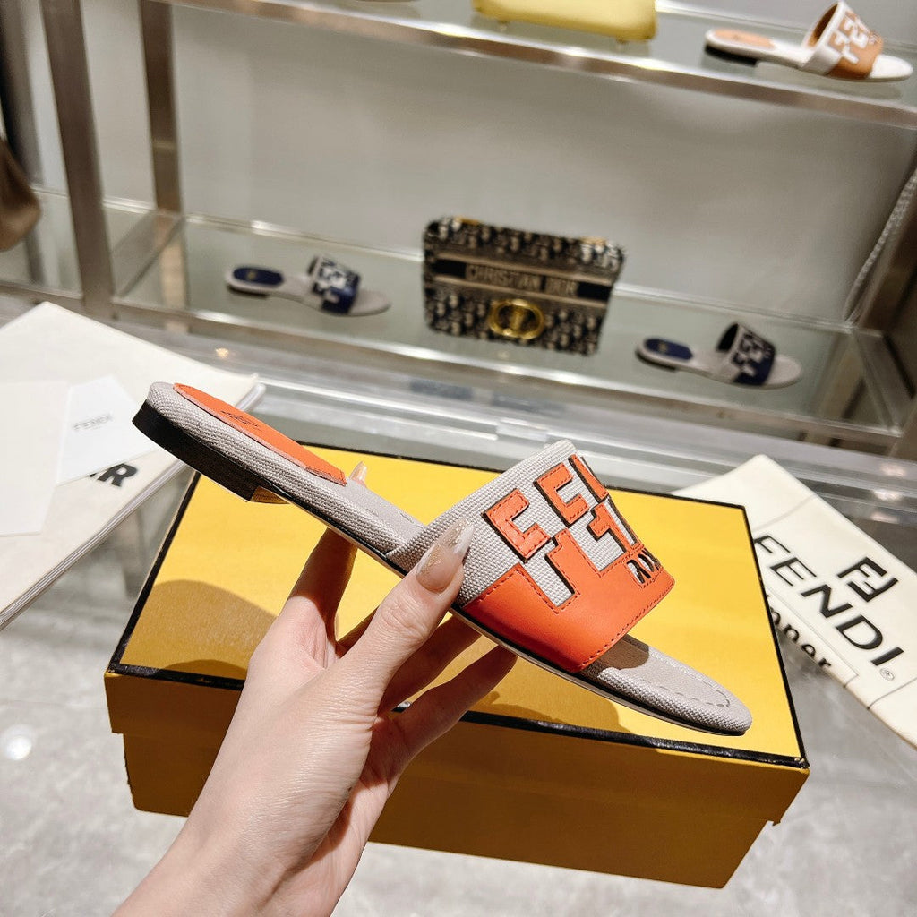 FF Women Roma Signature Orange Grey Canvas Leather Slide