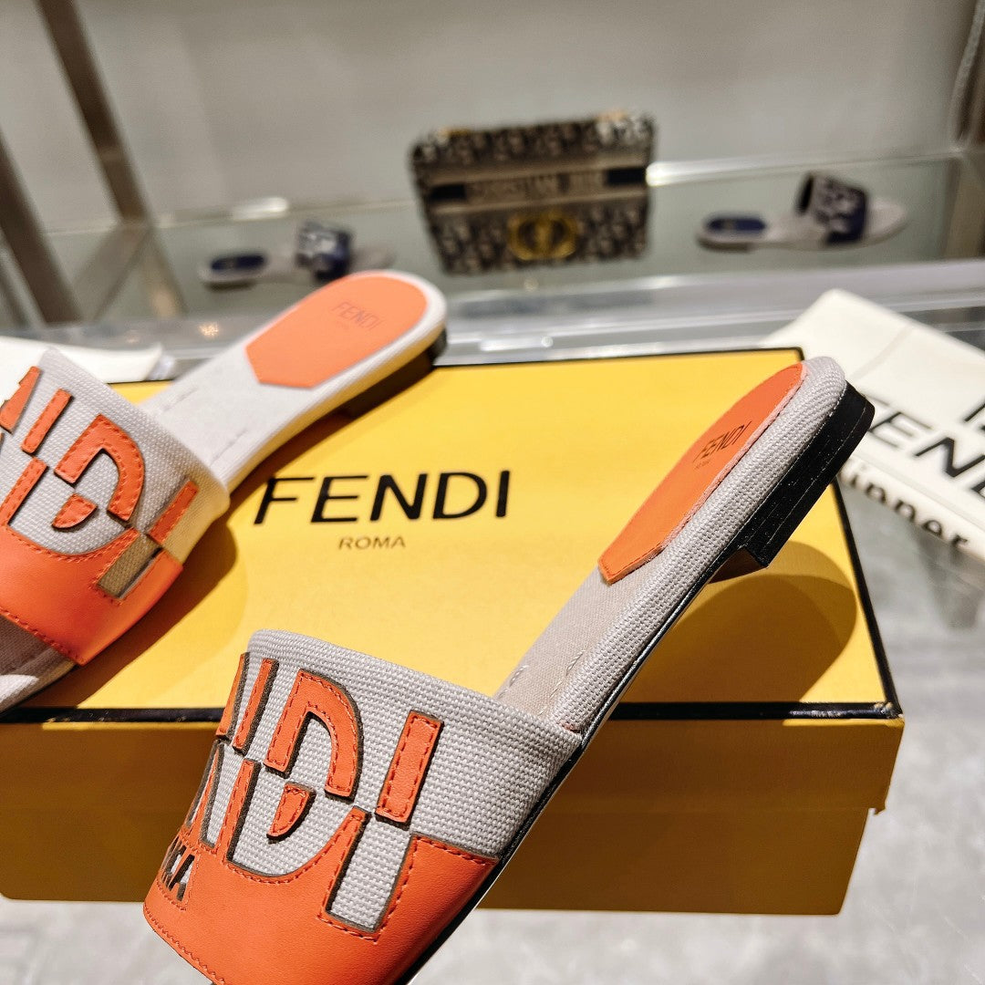 FF Women Roma Signature Orange Grey Canvas Leather Slide