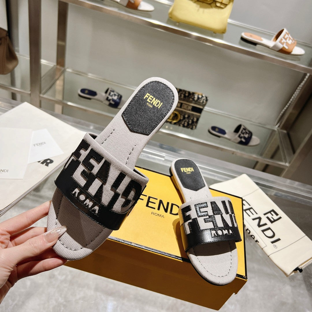 FF Women Roma Signature Black Grey Canvas Leather Slide