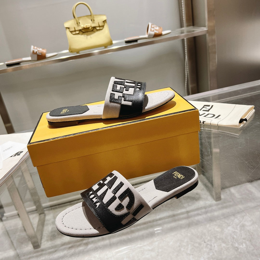 FF Women Roma Signature Black Grey Canvas Leather Slide