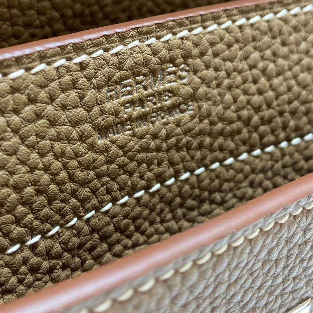 KELLY DEPECHES 38 BRIEFCASE IN ETOUPE TOGO CALFSKIN SILVER HARDWARE