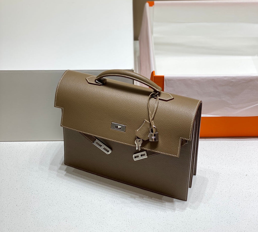 KELLY DEPECHES 34 BRIEFCASE IN ETOUPE TOGO CALFSKIN SILVER HARDWARE