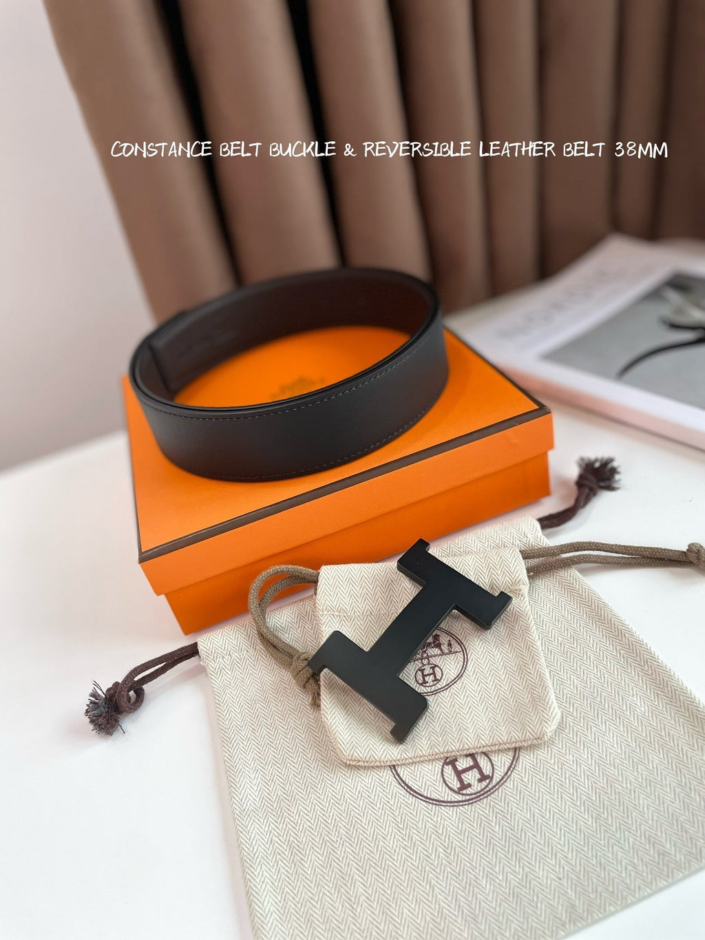 HM CONSTANCE BELT BUCKLE & REVERSIBLE CHOCOLATE BROWN AND BLACK LEATHER STRAP 38MM